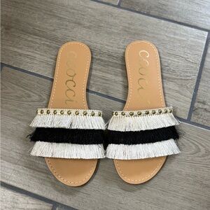 CCOCCI Black and Cream Fringe Slide Sandals with Gold Studs